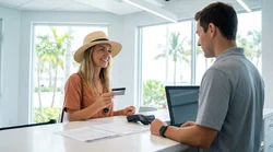 Customer handing a debit card to a clerk at a car hire counter in Florida