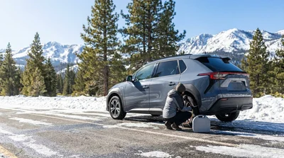 Silver AWD car rental driving on a snowy mountain road lined with pine trees in California