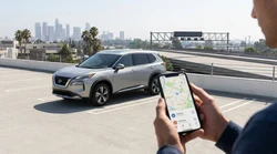 Driver looking at a smartphone inside a car rental parked on a street in Los Angeles