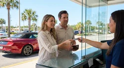 Customer handing a credit card to a service agent at a Florida car hire counter