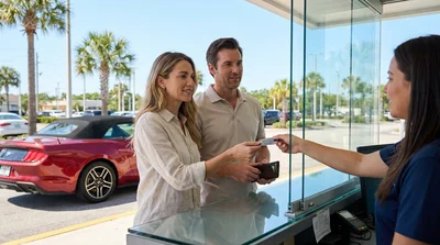 Customer handing a credit card to a service agent at a Florida car hire counter