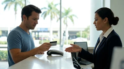 Person inserting a credit card into a payment terminal at a car hire counter in Miami