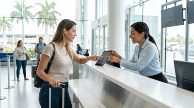 A traveler checking in at a brightly lit car hire counter inside Miami Airport terminal