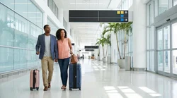 Passengers with luggage walking toward the car hire desks in the Terminal C arrivals area at Orlando Airport