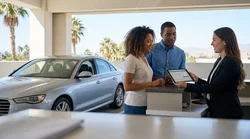 Person signing a printed car rental agreement at a sunny wooden desk in California
