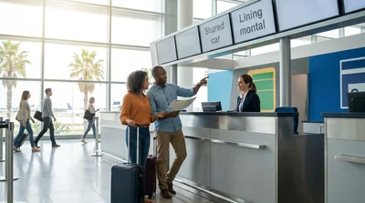 Travelers standing at a shared car hire counter inside the Miami Airport terminal