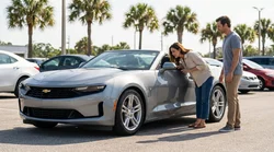 Person looking into the open front door of a car rental in a sunny Florida parking lot
