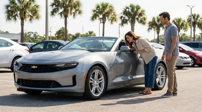 Person looking into the open front door of a car rental in a sunny Florida parking lot