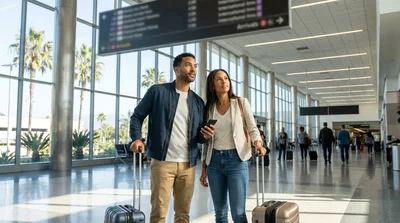 Travelers walking with luggage outside the Los Angeles airport terminal toward a parked car rental shuttle bus