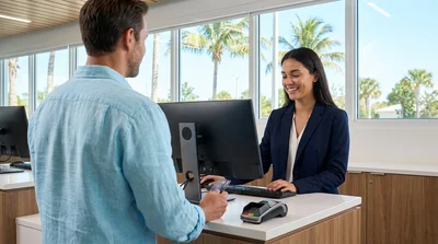 Person holding a credit card and keys at a car hire desk in Florida
