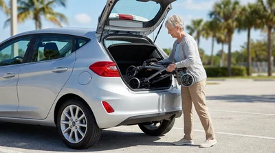 Folded rollator loaded into the open boot of a small car hire parked outdoors in Florida