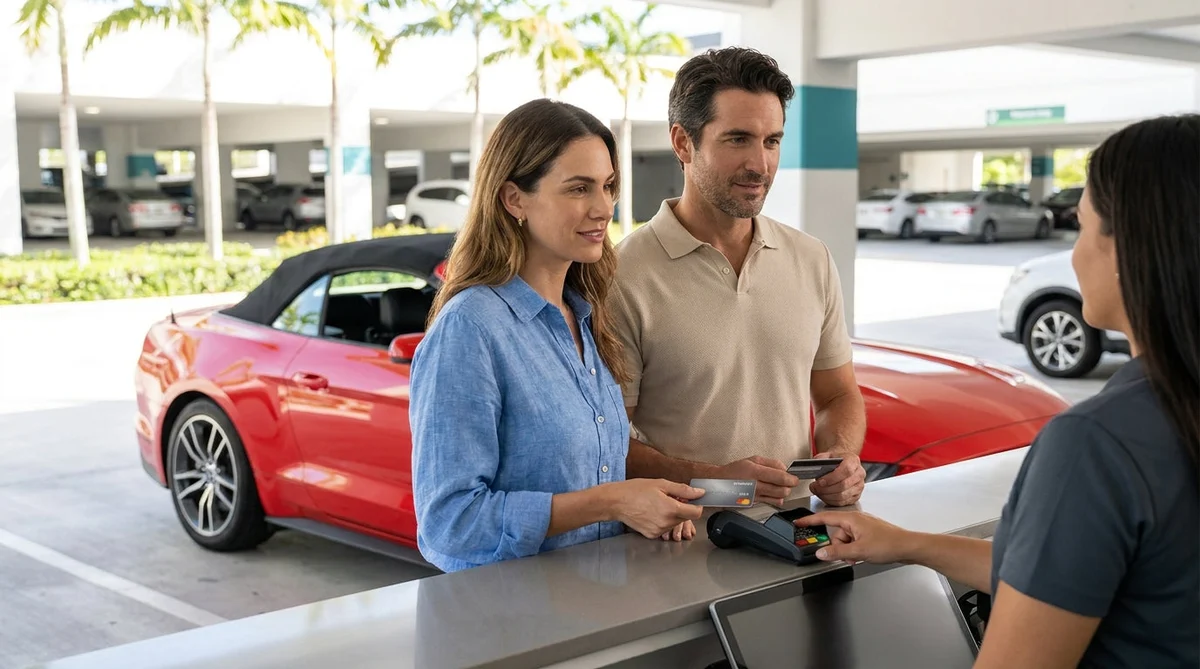 Close-up of a person holding two credit cards at a car rental counter in Miami