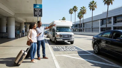 White car rental shuttle bus driving past the ride-share drop-off zone at LAX airport in Los Angeles