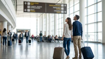 Passengers waiting with luggage for a car rental shuttle outside LAX Terminal 7 in Los Angeles