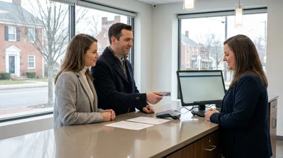 Customer presenting a credit card with two names at a Hola car hire desk in Pennsylvania