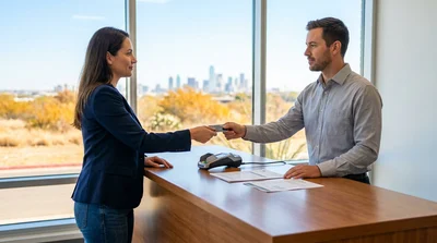 Customer handing a credit card to a staff member at a car hire desk in Texas