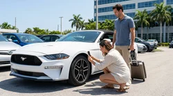 Person using a smartphone to photograph the bumper of a white car rental parked under palm trees in Miami