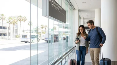 Traveler with luggage waiting for a car rental shuttle bus outside the LAX terminal in Los Angeles