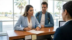 Close-up of a customer signing paperwork at a car rental desk in Texas