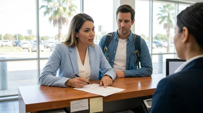 Close-up of a customer signing paperwork at a car rental desk in Texas