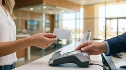 Person presenting a physical credit card at a car hire counter in Las Vegas