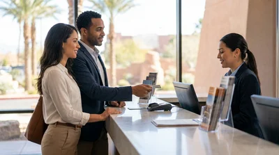Customer handing a credit card to an agent at a car rental desk in Las Vegas