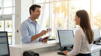 Person handing a driving licence to an agent at a car rental desk in Florida