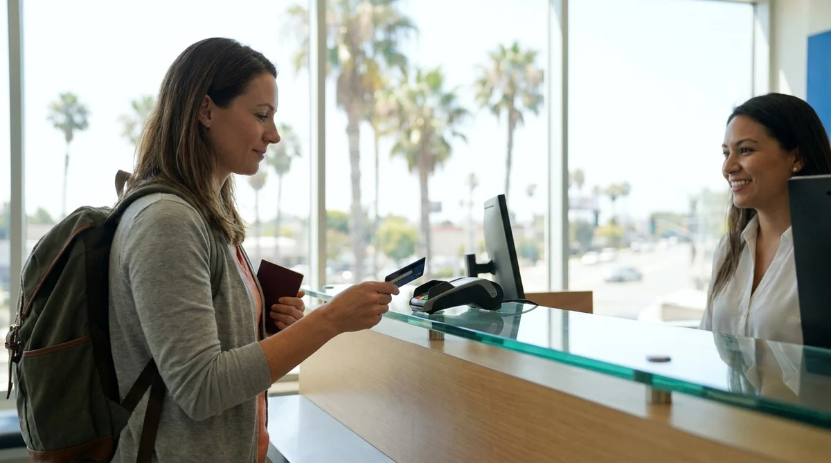 Close up of a person holding a credit card and keys at a California car hire counter