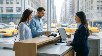 Customer handing a credit card to an agent at a car hire desk in New York