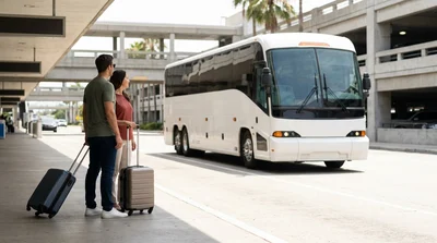 Passengers boarding a car rental shuttle outside Tom Bradley Terminal at LAX in Los Angeles