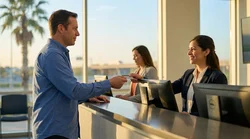 Close-up of a customer presenting a physical driving licence at a car rental desk in Texas