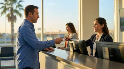 Close-up of a customer presenting a physical driving licence at a car rental desk in Texas