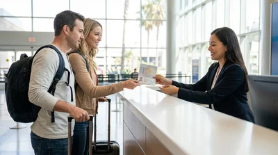 Man handing a passport to an agent at a car rental desk in California