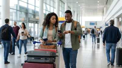 Travelers with luggage waiting at a car rental counter inside JFK airport in New York