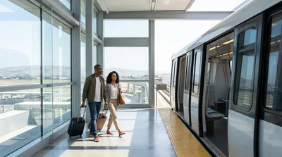 Overhead signs pointing toward BART trains and the car rental center at SFO Airport in San Francisco