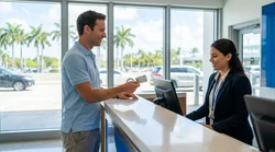 Customer presenting an ID card to an agent at a car rental counter in Miami