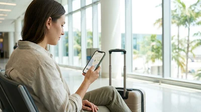 Close-up of a smartphone showing a map held by a person near a car rental counter at Miami Airport