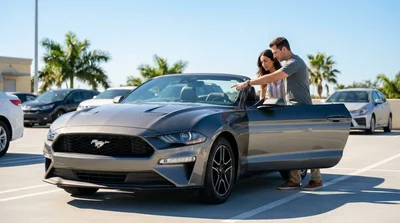 A modern car rental driving under an express lane toll gantry on a sunny Florida highway