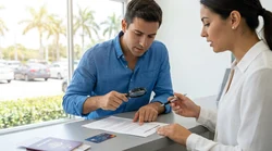 Close up of a hand signing car rental insurance documents on a desk in Florida