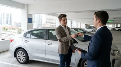 Young driver smiling behind the wheel of a car rental in New York
