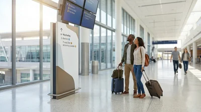 Passengers with rolling luggage walking through a San Francisco airport car rental facility