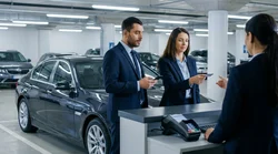 Business traveler handing a credit card to an agent at a New York car rental desk