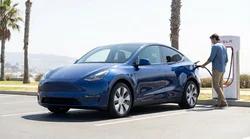 Electric car rental plugged into a Tesla Supercharger station in California