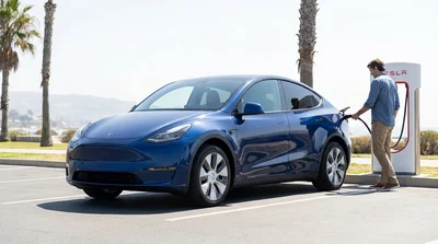 Electric car rental plugged into a Tesla Supercharger station in California