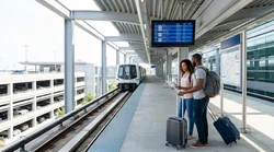 Red AirTrain on elevated tracks at San Francisco airport approaching the car rental center