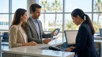 Traveler showing flight documents to an agent at a car rental desk in Los Angeles