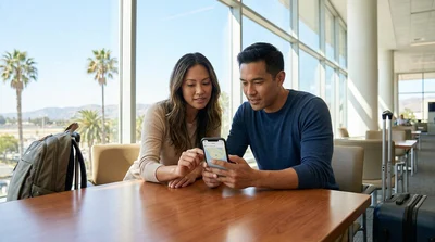 Person looking at a smartphone map screen inside a car rental on a sunny California road