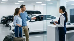 Customer handing a credit card to an agent at a car rental counter in New York