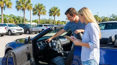 Person checking the dashboard fuel gauge inside a car rental in sunny Florida