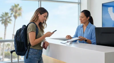 Person looking at a smartphone while leaning against a vehicle at a car rental lot in California
